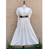 White Plated Frock with Puff Sleeves