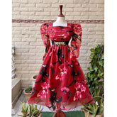 Red Plated Body Organza Dress with Puff Sleeves