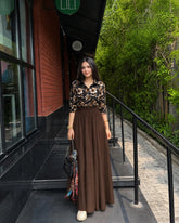 Brown printed top with full flair skirt