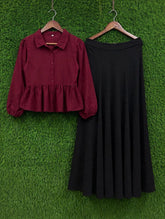 Elegant mahroon top with black full flair skirt