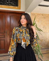 The Noir Bloom Set - Houndstooth Bow-Tie top & Flared Maxi Skirt