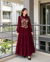 Mahroon frock with printed corset