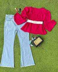 Glamour Top with Bell Bottom Jeans Ensemble