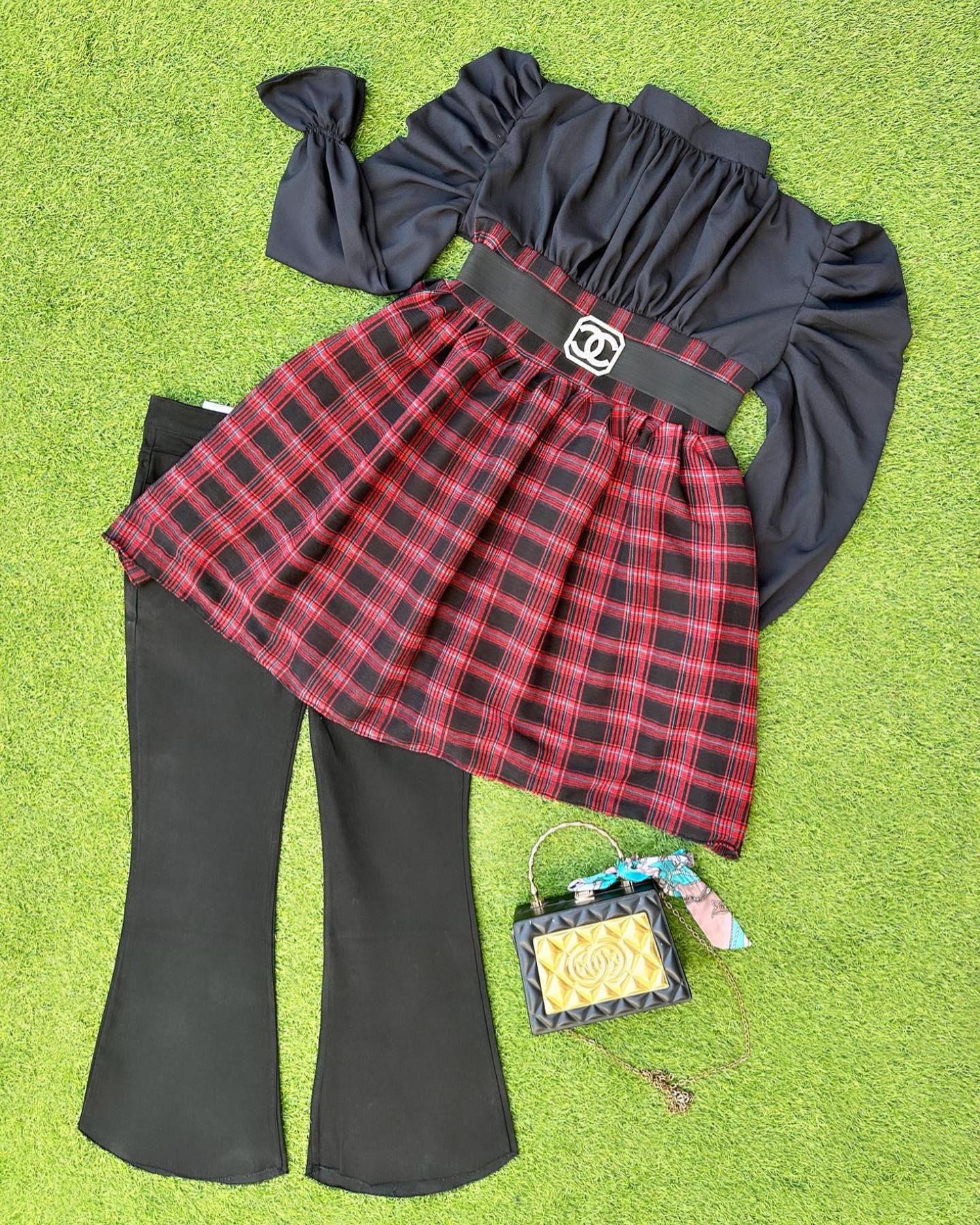 Turkish Elegance Checkered Top & Bell Bottom Jeans