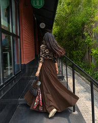 Brown printed top with full flair skirt