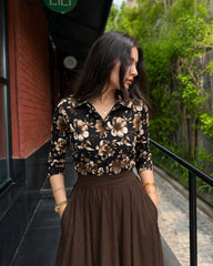 Brown printed top with full flair skirt
