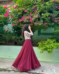 White flower print top with full flair skirt