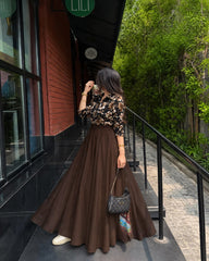 Brown printed top with full flair skirt