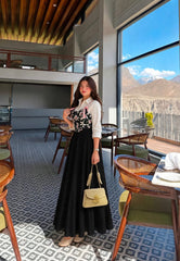Elegant printed corset & shirt with black full flair skirt