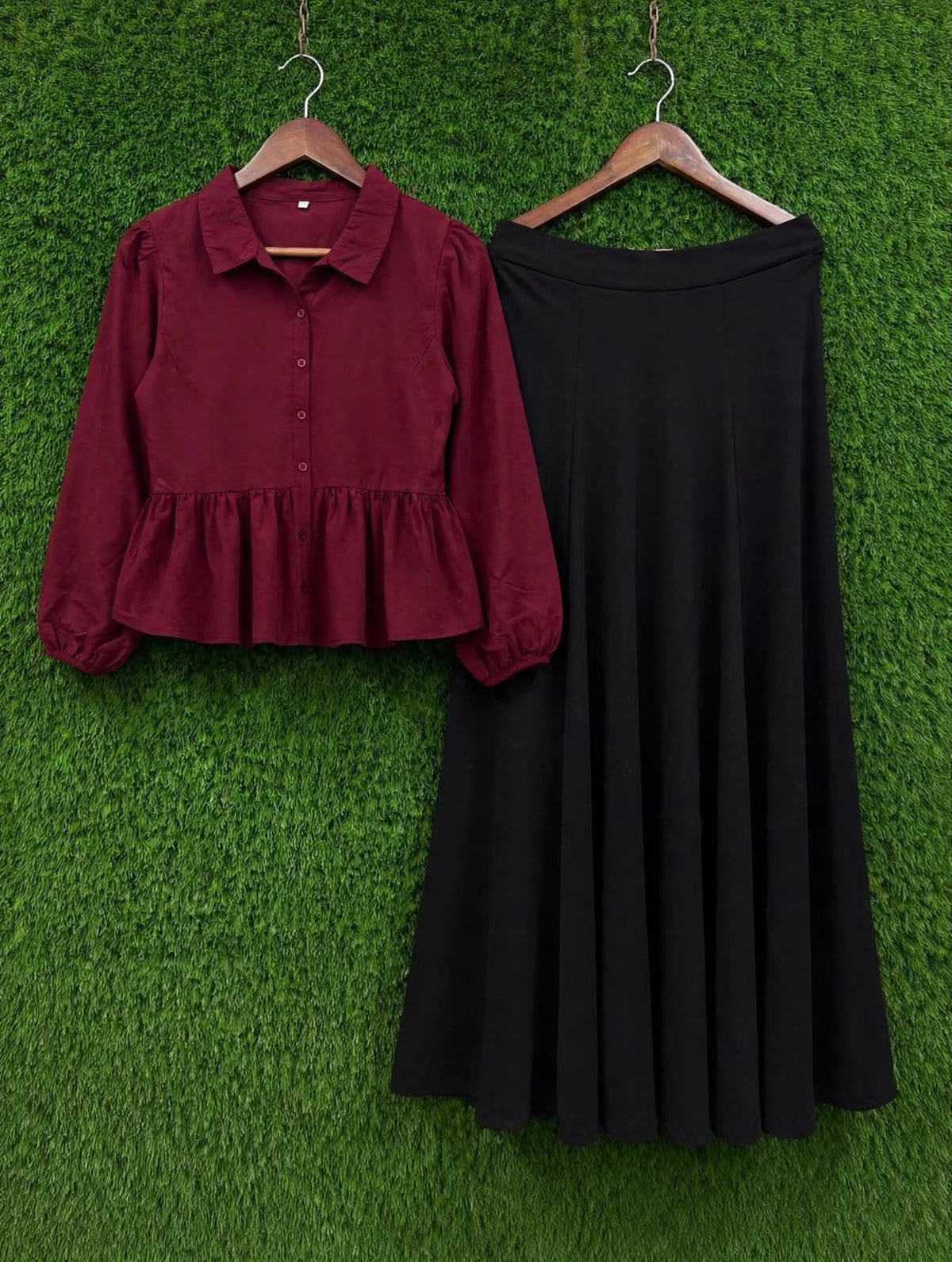 Elegant mahroon top with black full flair skirt