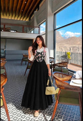Elegant printed corset & shirt with black full flair skirt