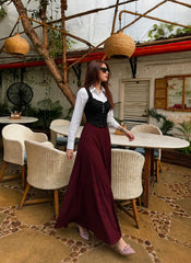 Elegant blue corset & white shirt with brown skir