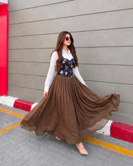 Elegant blue corset & white shirt with brown skir