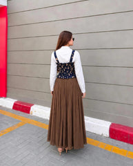Elegant blue corset & white shirt with brown skir