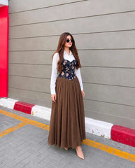 Elegant blue corset & white shirt with brown skir