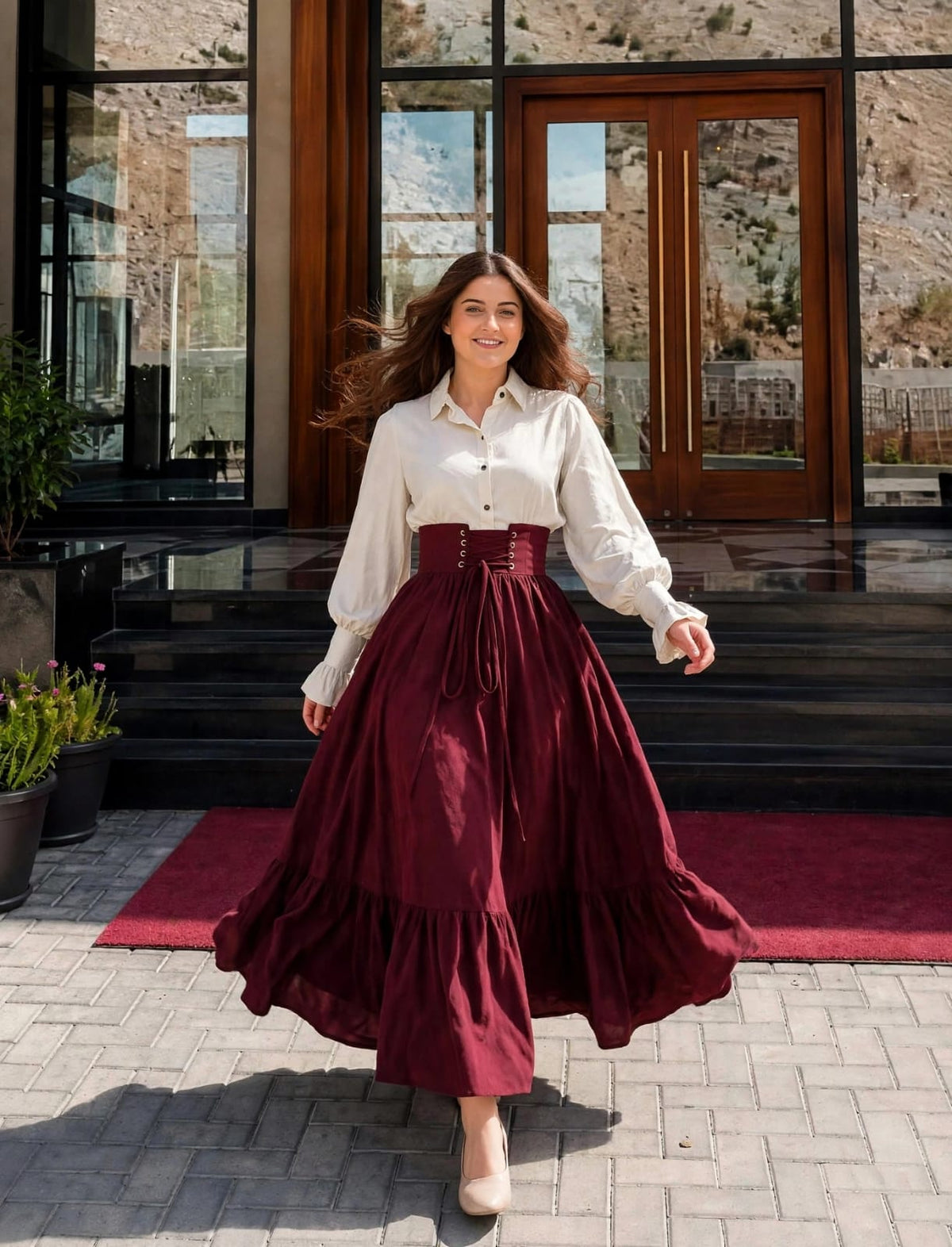 Elegent white&Mahroon Shirt&Skirt