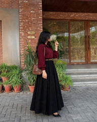 Mahroon puff-sleeve shirt with Black full flare skirt