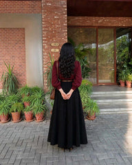 Mahroon puff-sleeve shirt with Black full flare skirt