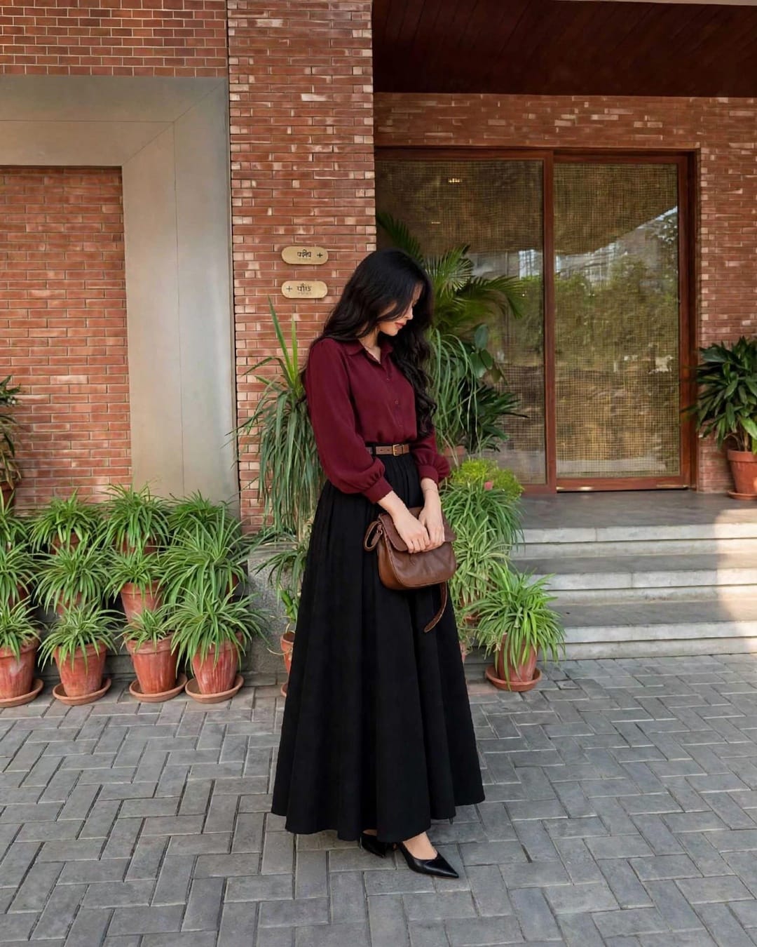 Mahroon puff-sleeve shirt with Black full flare skirt