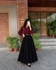 Mahroon puff-sleeve shirt with Black full flare skirt