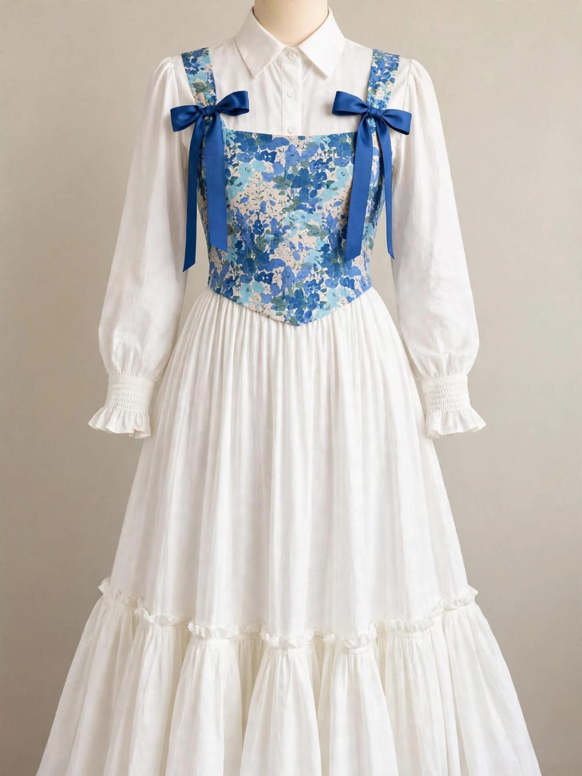 Long sleeves with ruffle cuffs, button-down collar, tiered hem, bow-tie straps
