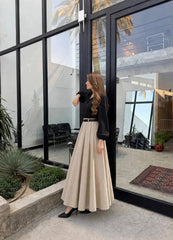 Chocolate brown shirtT beige skirt with belt—your favourite