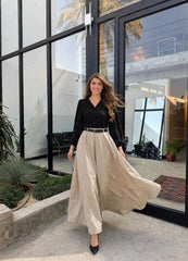 Chocolate brown shirtT beige skirt with belt—your favourite
