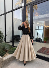 Chocolate brown shirtT beige skirt with belt—your favourite