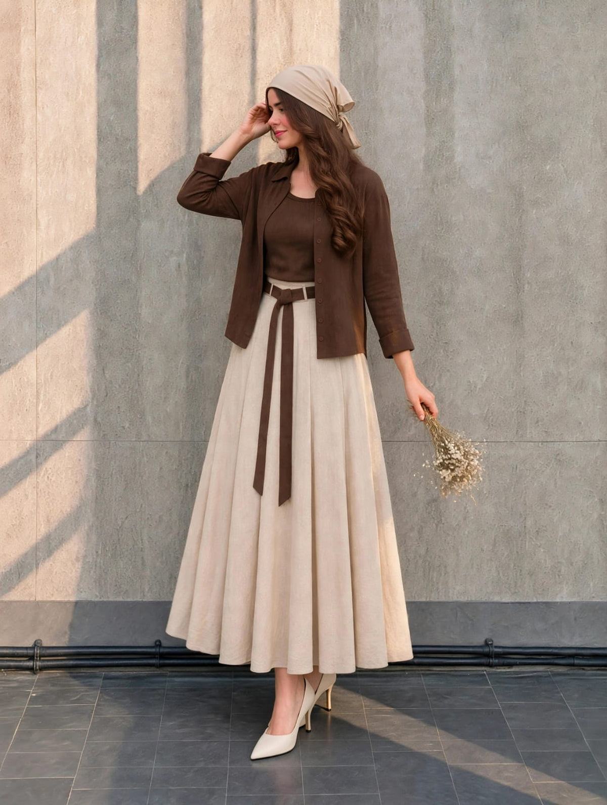 Chocolate brown shirt inner & beige skirt with belt—your favourite in Egyptian viscose fabric✨