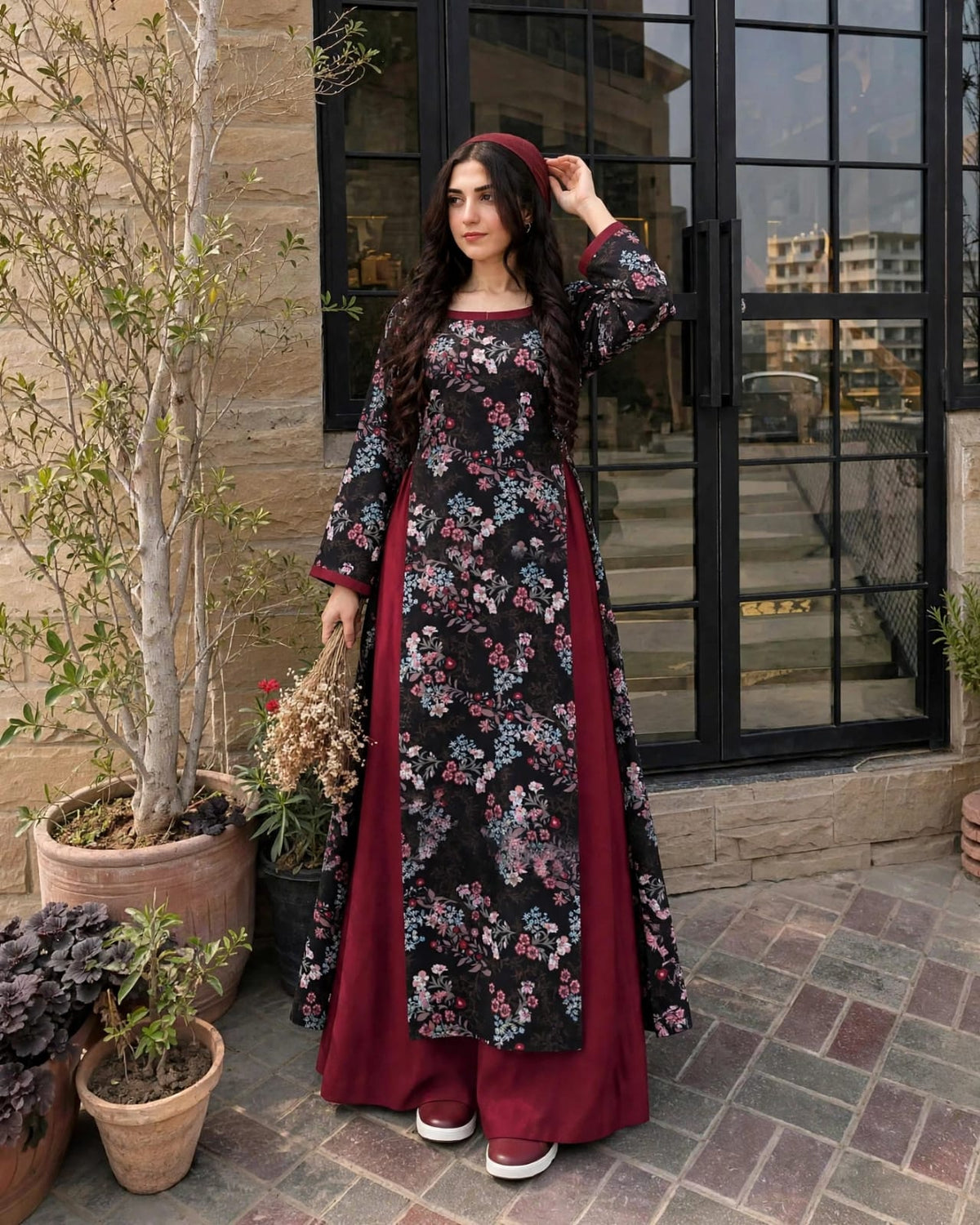 Black printed long shirt & with mahroon plazo—your favourite in imporded stone fabric✨