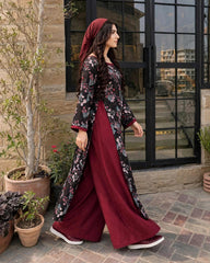 Black printed long shirt & with mahroon plazo—your favourite in imporded stone fabric✨