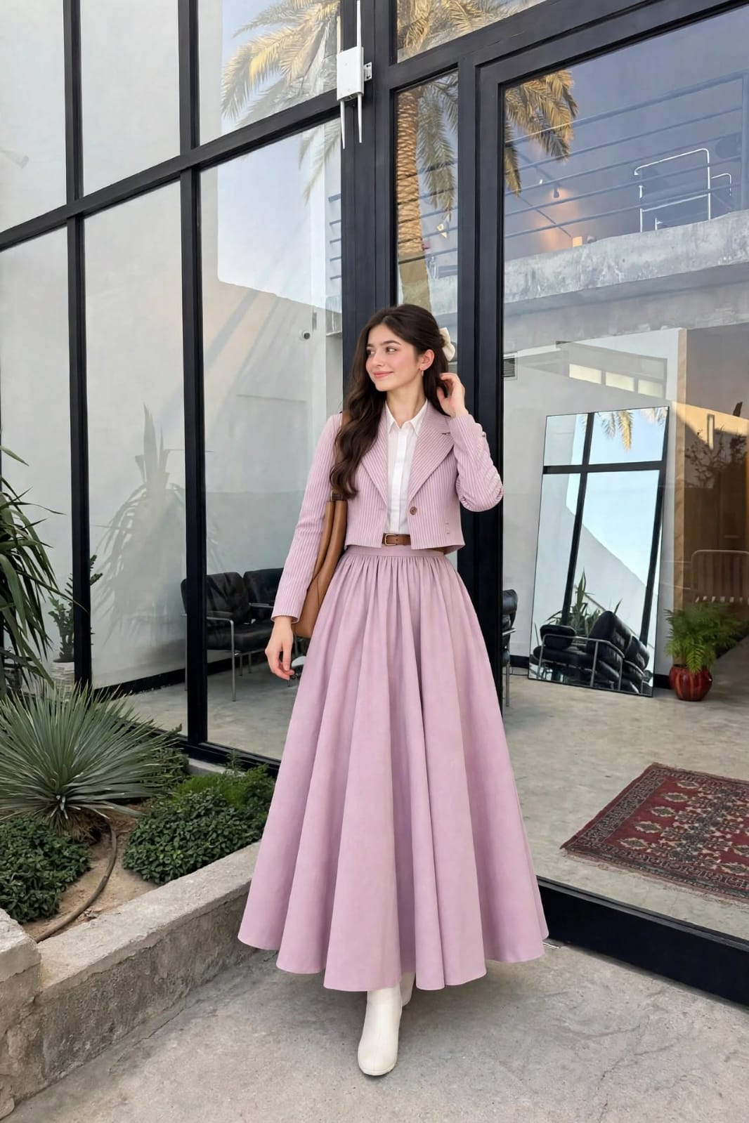 Pink link coat & white shirt with full flair skirt