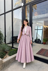 Pink link coat & white shirt with full flair skirt