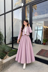 Pink link coat & white shirt with full flair skirt