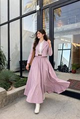 Pink link coat & white shirt with full flair skirt