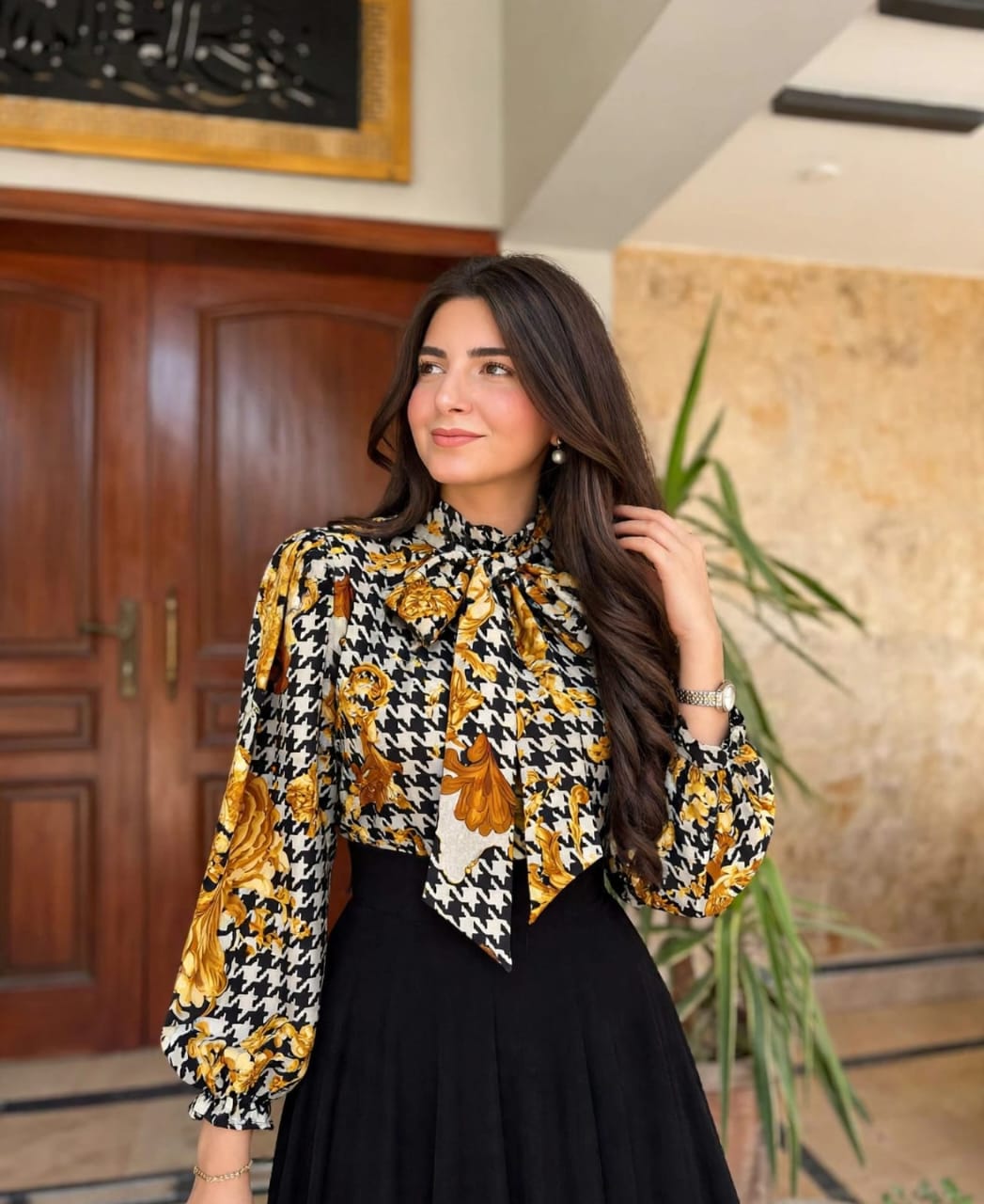 The Noir Bloom Set - Houndstooth Bow-Tie top & Flared Maxi Skirt