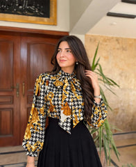 The Noir Bloom Set - Houndstooth Bow-Tie top & Flared Maxi Skirt