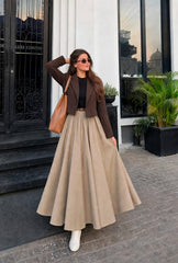 Elegant brown coat with black inner & beige skirt