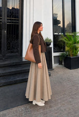 Elegant brown coat with black inner & beige skirt
