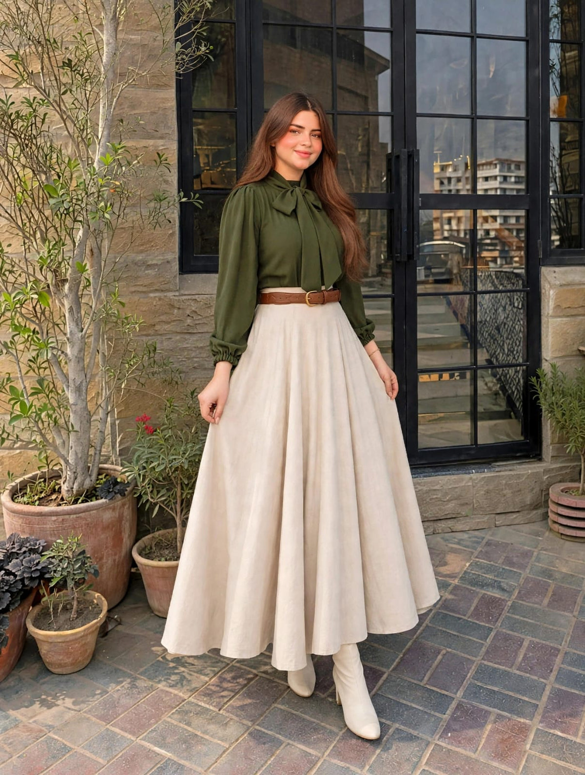 Olive green top & beige full flair skirt with belt
