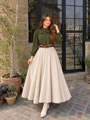 Olive green top & beige full flair skirt with belt