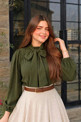 Olive green top & beige full flair skirt with belt