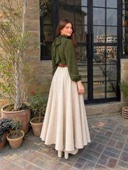 Olive green top & beige full flair skirt with belt
