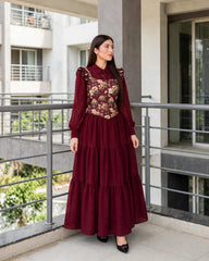 Mahroon frock with printed corset