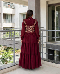 Mahroon frock with printed corset