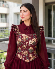 Mahroon frock with printed corset