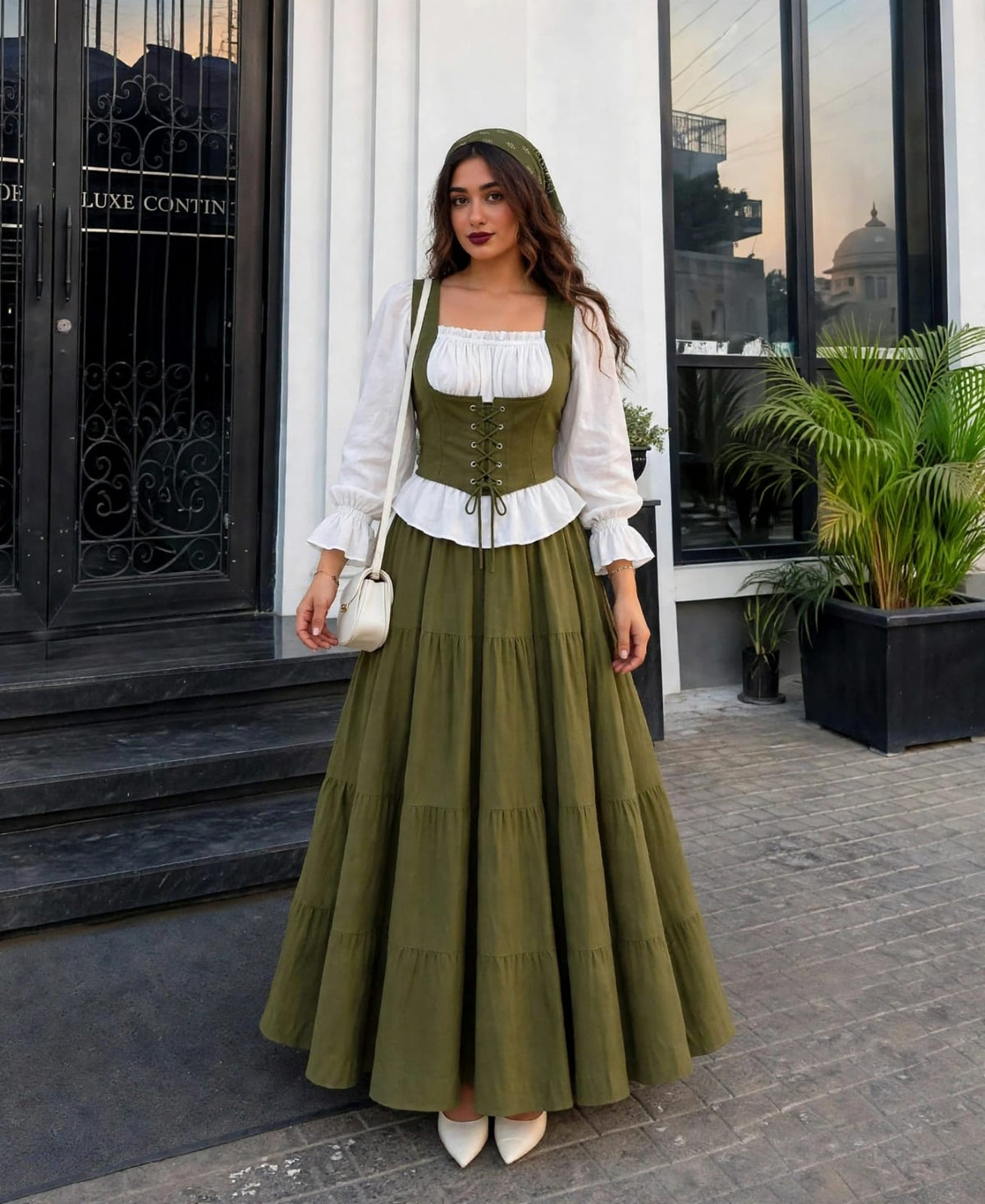 Olive green skirt with Turkish style top Imported euro fabric china fabric 100%