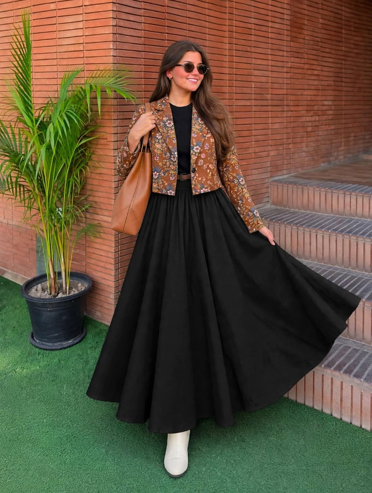 Brown Floral Blazer with Black Flare Maxi - Imported Suiting Set