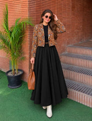 Brown Floral Blazer with Black Flare Maxi - Imported Suiting Set