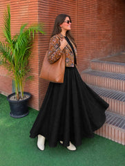 Brown Floral Blazer with Black Flare Maxi - Imported Suiting Set